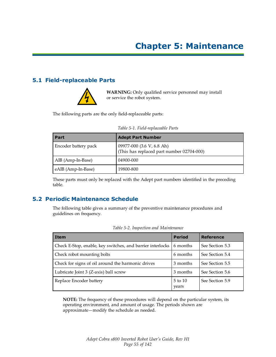 Chapter 5: maintenance, 1 field-replaceable parts, 2 periodic maintenance schedule | Adept s800 s800 User Manual | Page 55 / 142