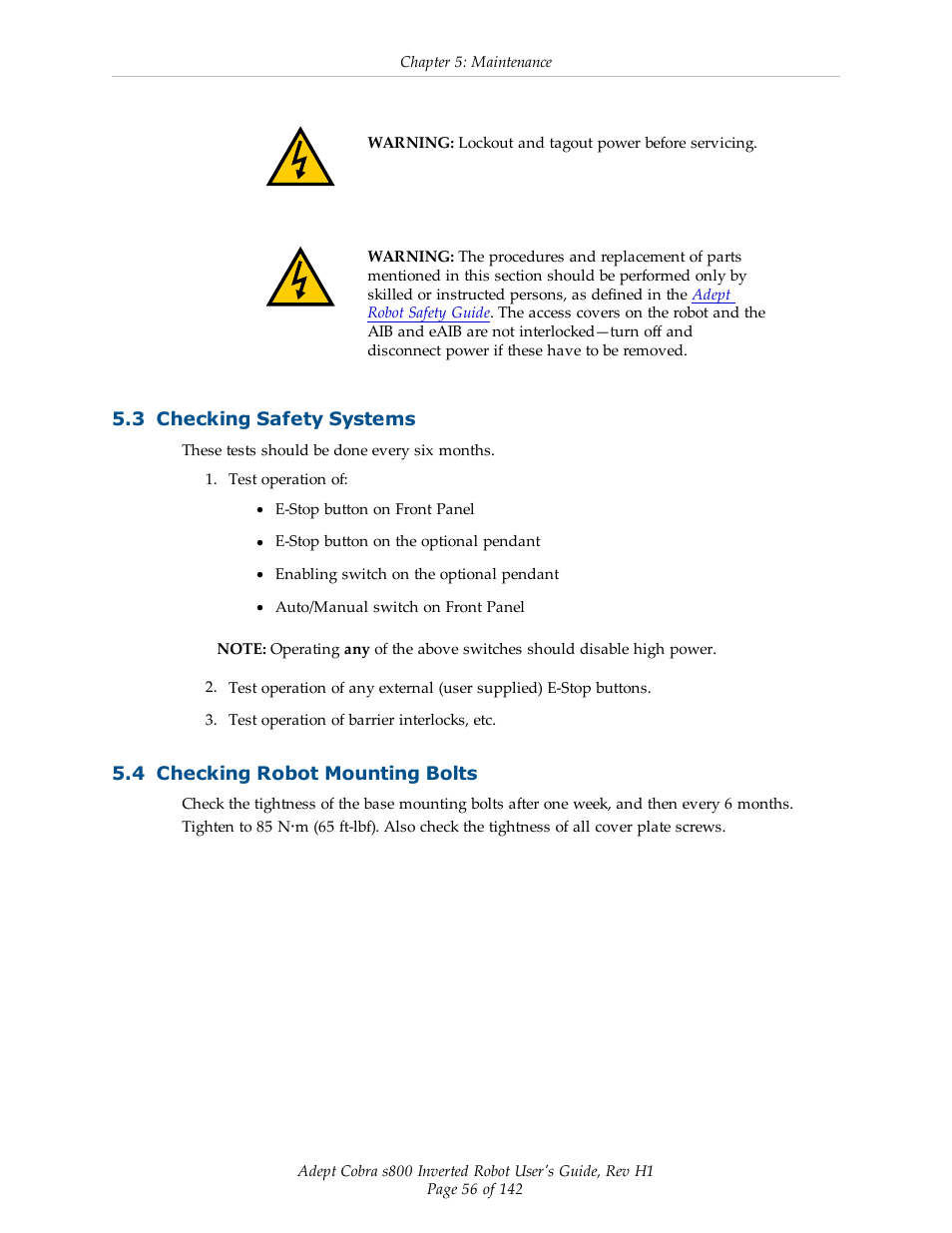 3 checking safety systems, 4 checking robot mounting bolts, Section 5.3 | Section 5.4 | Adept s800 s800 User Manual | Page 56 / 142