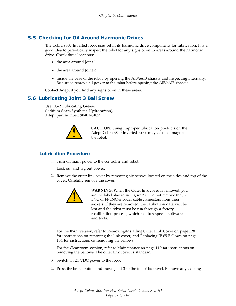 5 checking for oil around harmonic drives, 6 lubricating joint 3 ball screw, Lubrication procedure | Section 5.5, Section 5.6 | Adept s800 s800 User Manual | Page 57 / 142