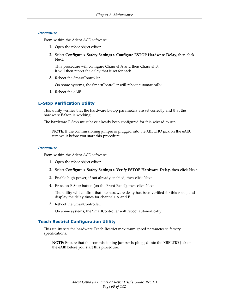 E-stop verification utility, Teach restrict configuration utility | Adept s800 s800 User Manual | Page 68 / 142