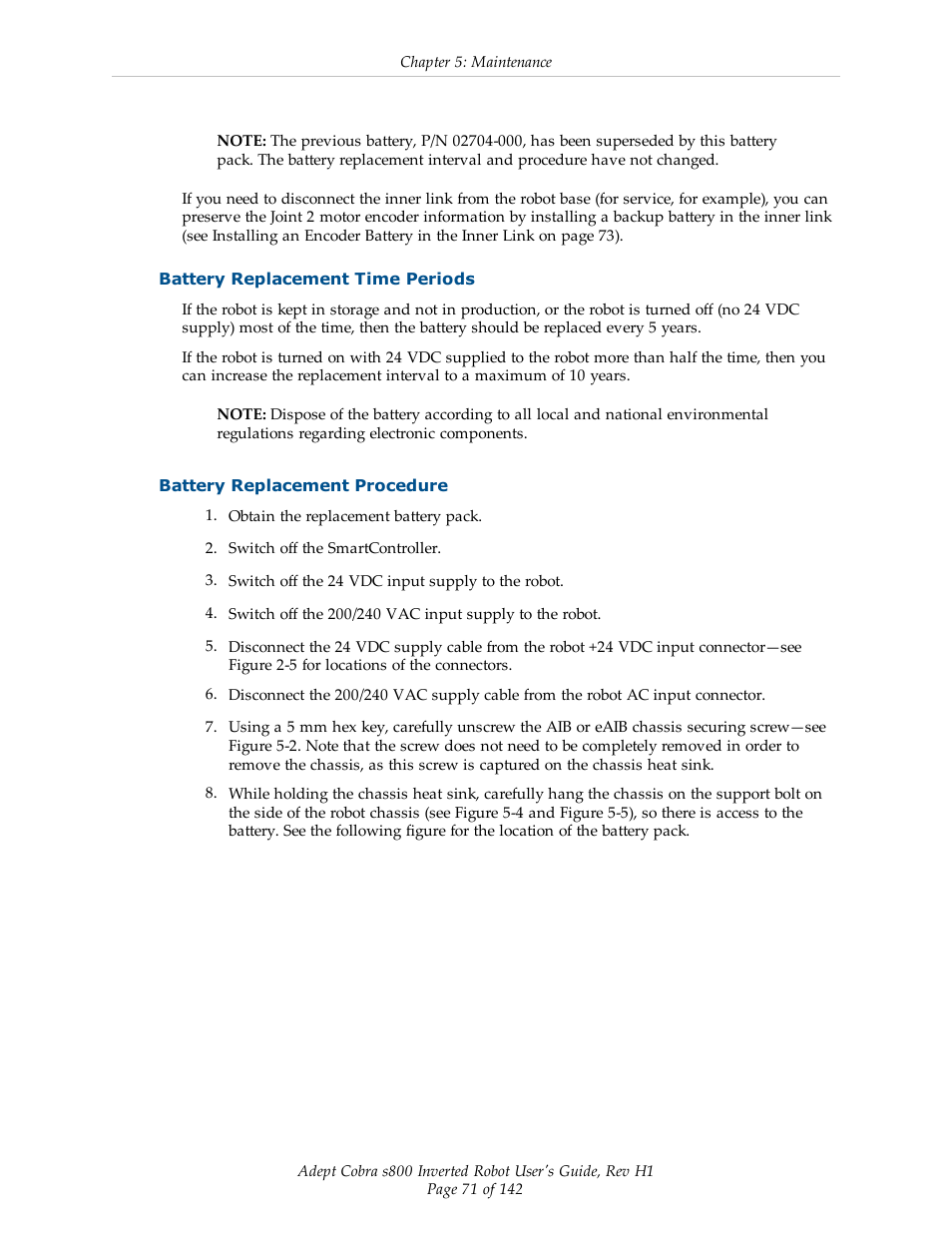 Battery replacement time periods, Battery replacement procedure | Adept s800 s800 User Manual | Page 71 / 142