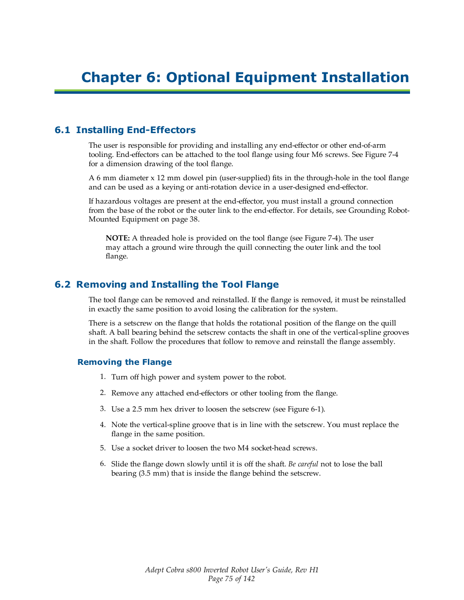 Chapter 6: optional equipment installation, 1 installing end-effectors, 2 removing and installing the tool flange | Removing the flange | Adept s800 s800 User Manual | Page 75 / 142