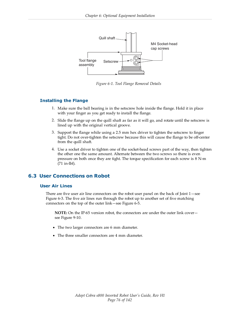 Installing the flange, 3 user connections on robot, User air lines | Figure 6-1) | Adept s800 s800 User Manual | Page 76 / 142