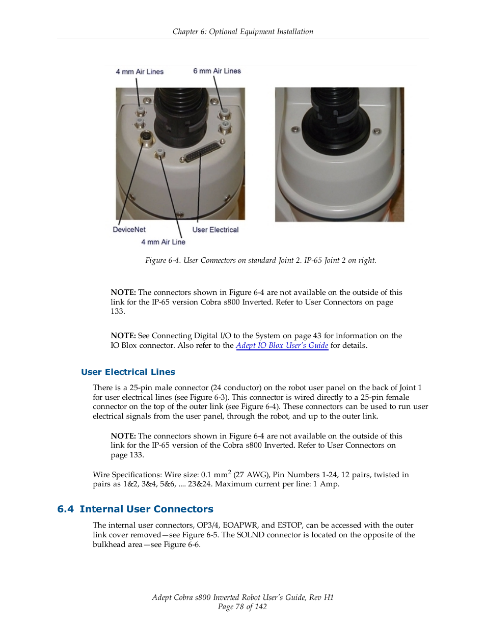 User electrical lines, 4 internal user connectors | Adept s800 s800 User Manual | Page 78 / 142