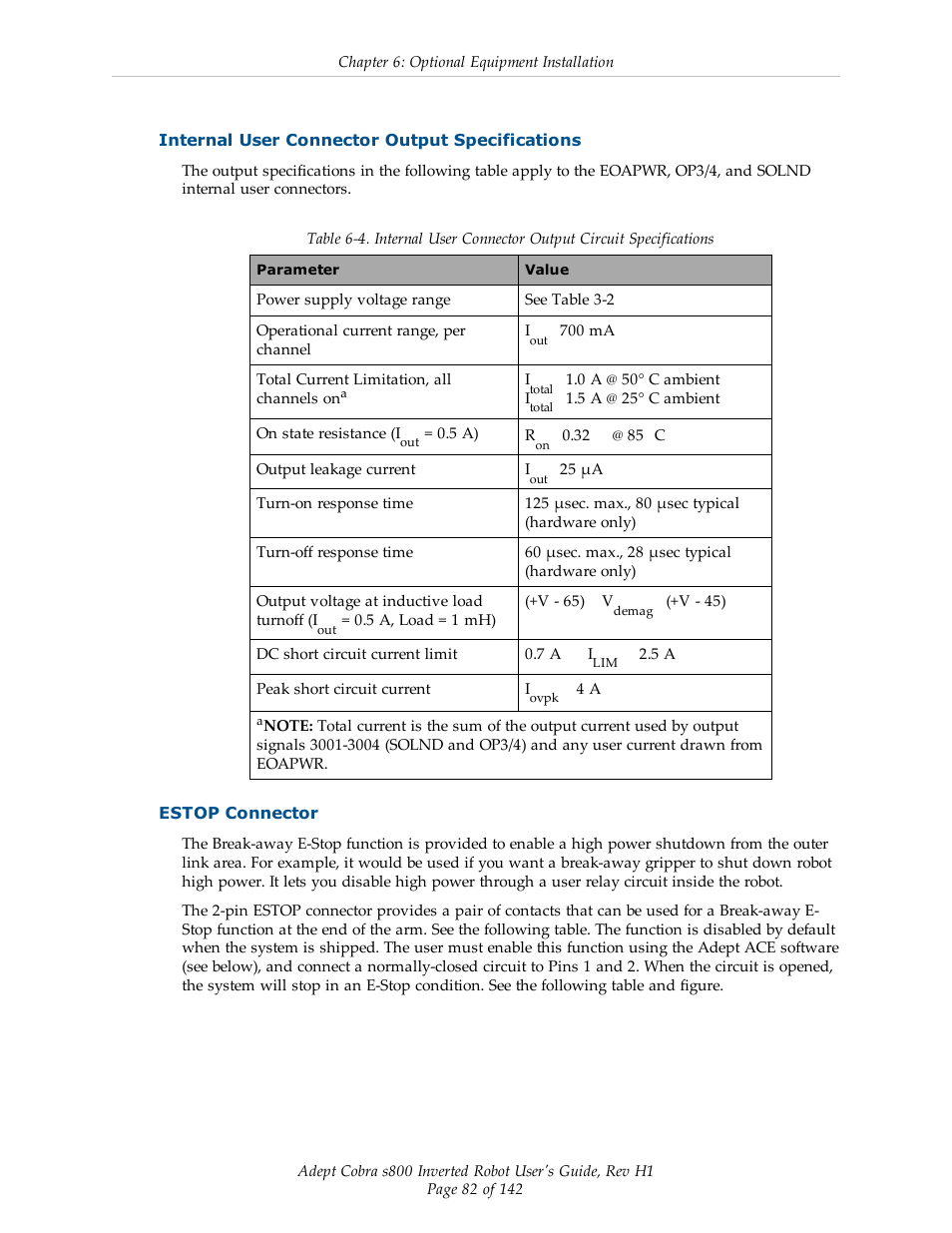 Internal user connector output specifications, Estop connector | Adept s800 s800 User Manual | Page 82 / 142