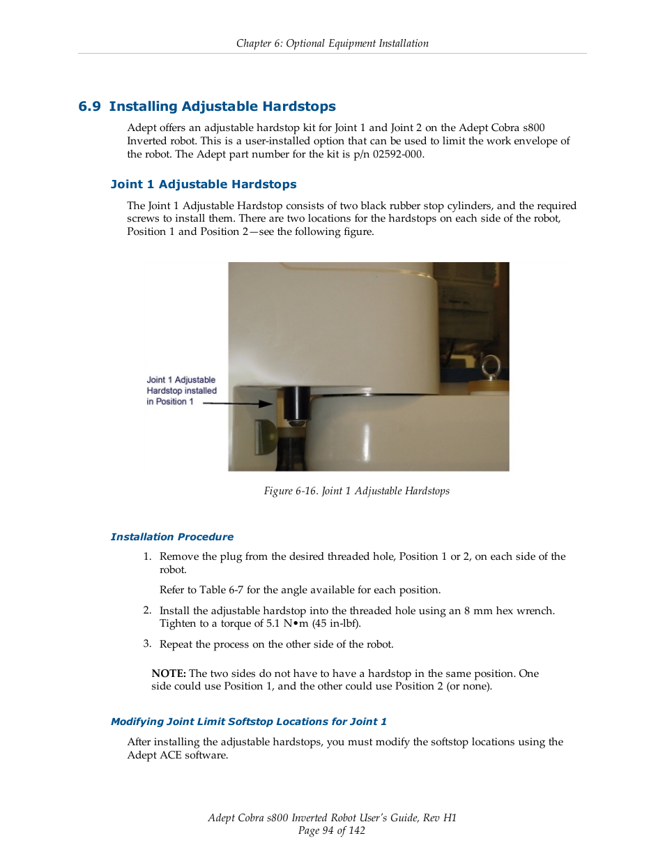 9 installing adjustable hardstops, Joint 1 adjustable hardstops | Adept s800 s800 User Manual | Page 94 / 142