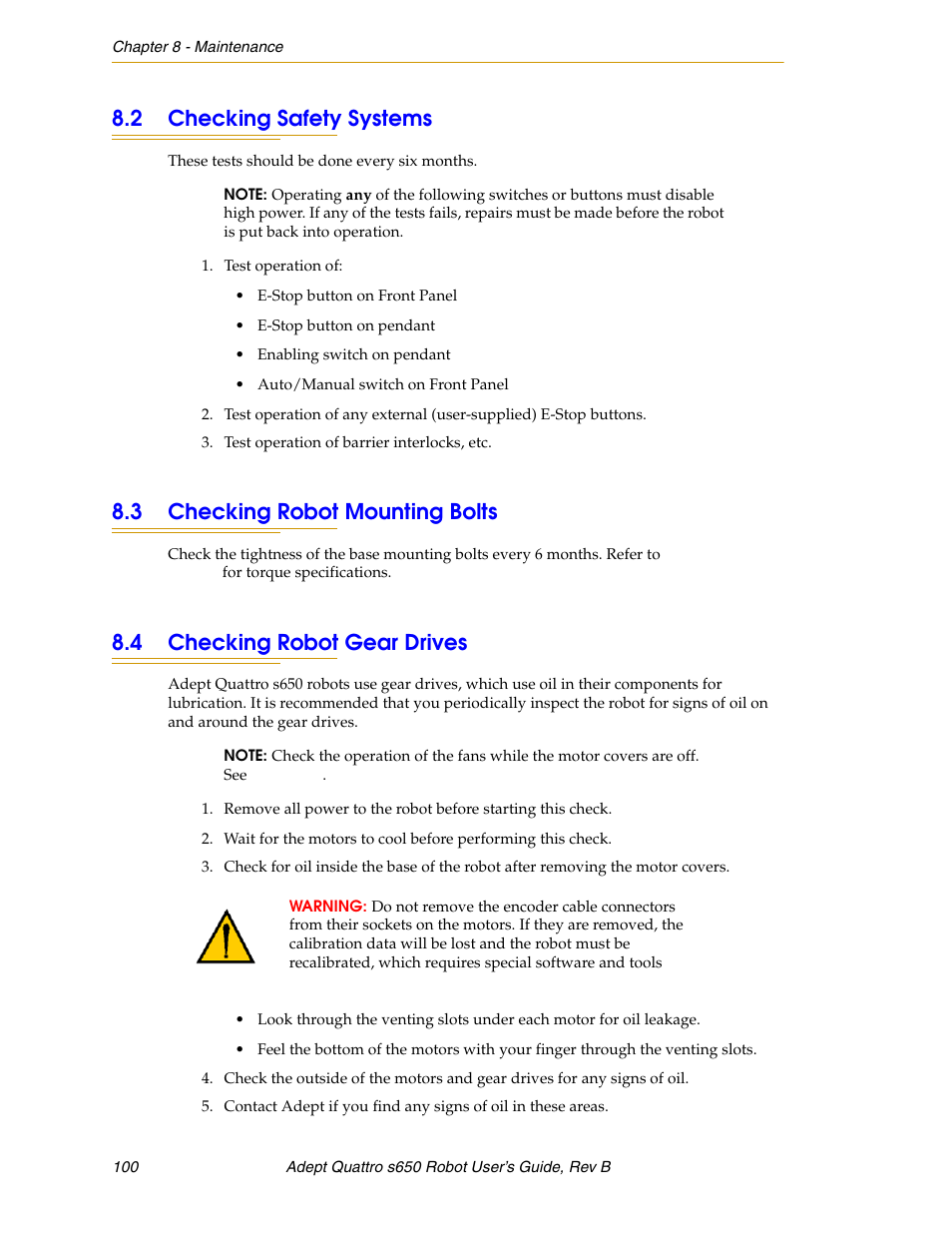 2 checking safety systems, 3 checking robot mounting bolts, 4 checking robot gear drives | Section 8.2, Section 8.3, Section 8.4 | Adept s650H Quattro User Manual | Page 100 / 128