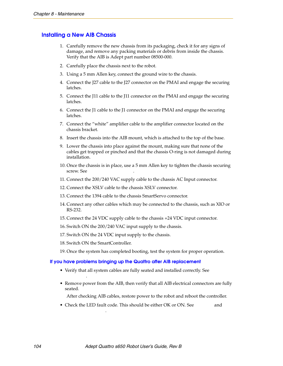 Installing a new aib chassis | Adept s650H Quattro User Manual | Page 104 / 128