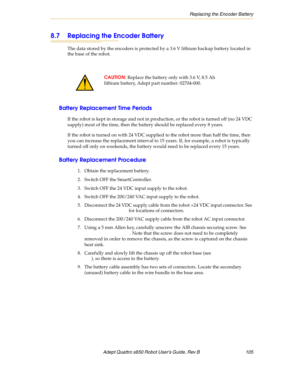 7 replacing the encoder battery, Battery replacement time periods, Battery replacement procedure | Section 8.7 | Adept s650H Quattro User Manual | Page 105 / 128