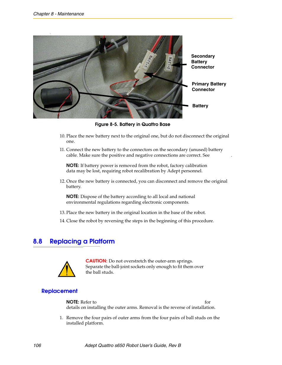 8 replacing a platform, Replacement, Figure 8-5 | Battery in quattro base | Adept s650H Quattro User Manual | Page 106 / 128