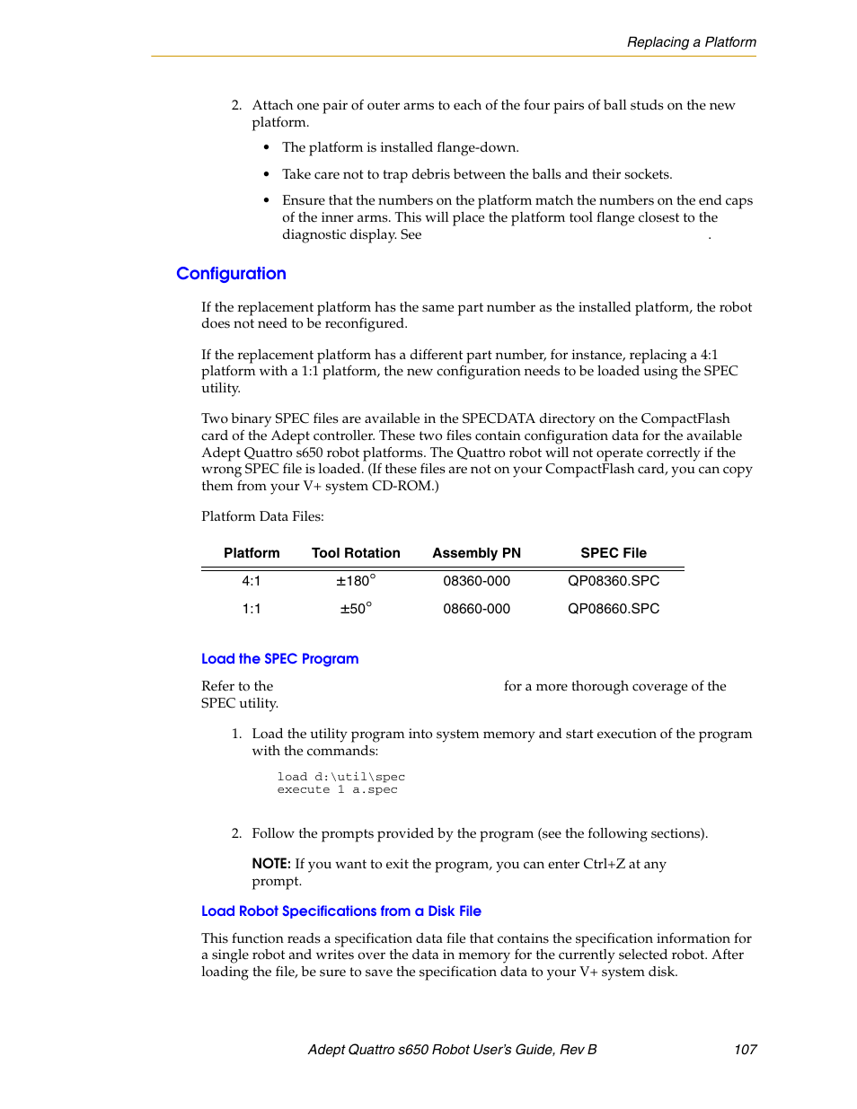 Configuration, Load the spec program, Load robot specifications from a disk file | Adept s650H Quattro User Manual | Page 107 / 128