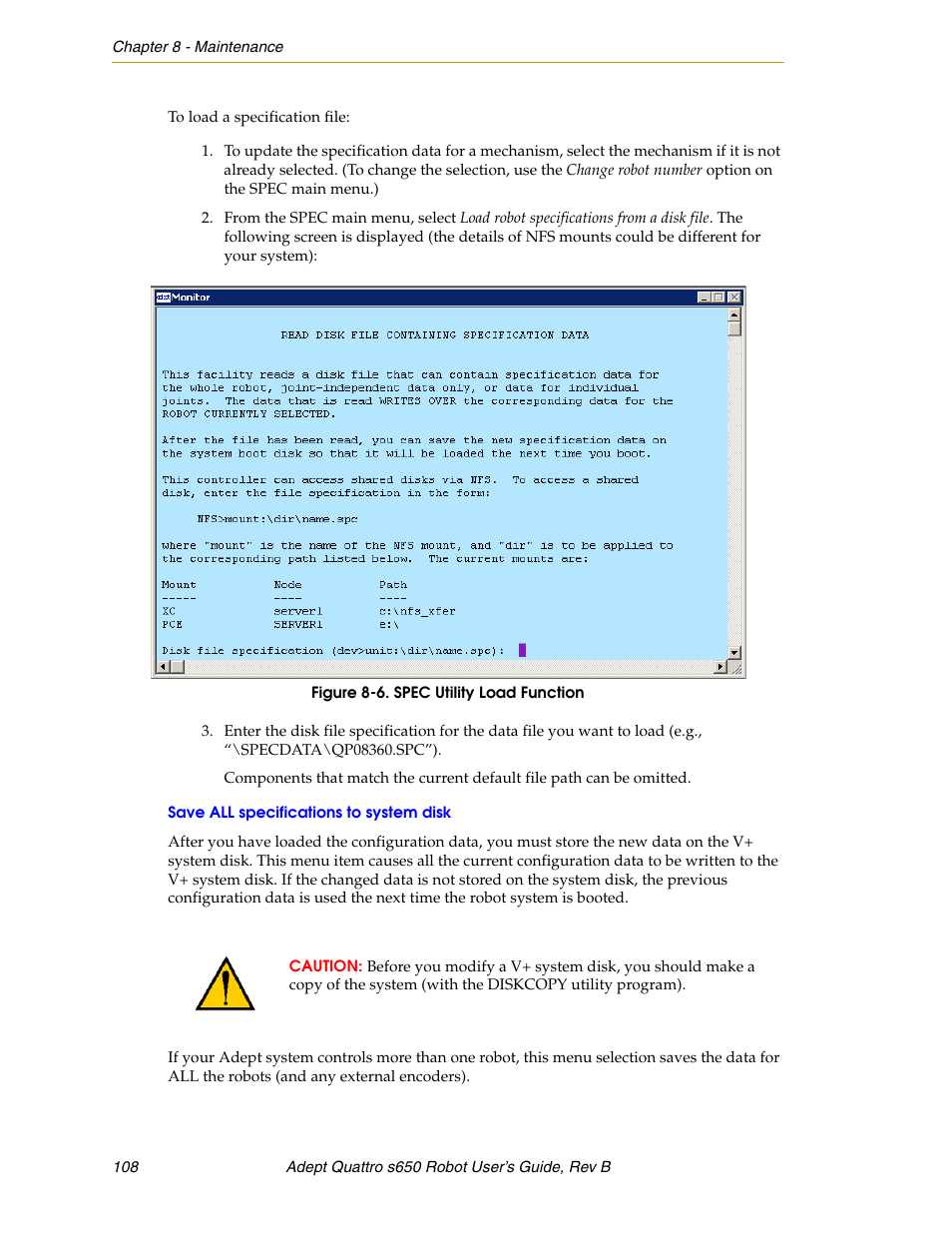 Save all specifications to system disk, Figure 8-6, Spec utility load function | Adept s650H Quattro User Manual | Page 108 / 128