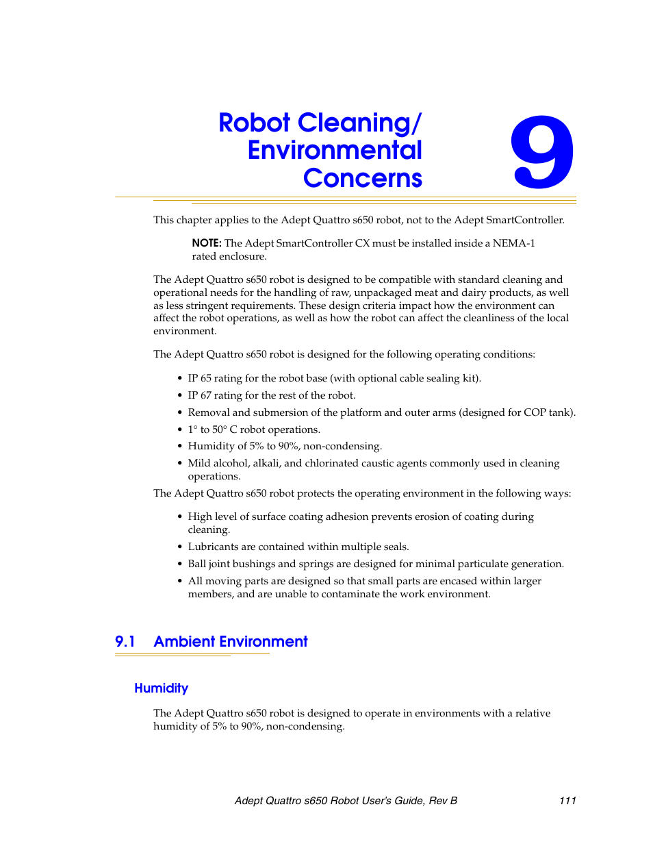 Robot cleaning/ environmental concerns, 1 ambient environment, Humidity | Adept s650H Quattro User Manual | Page 111 / 128