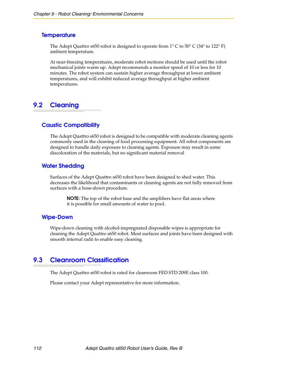 Temperature, 2 cleaning, Caustic compatibility | Water shedding, Wipe-down, 3 cleanroom classification | Adept s650H Quattro User Manual | Page 112 / 128