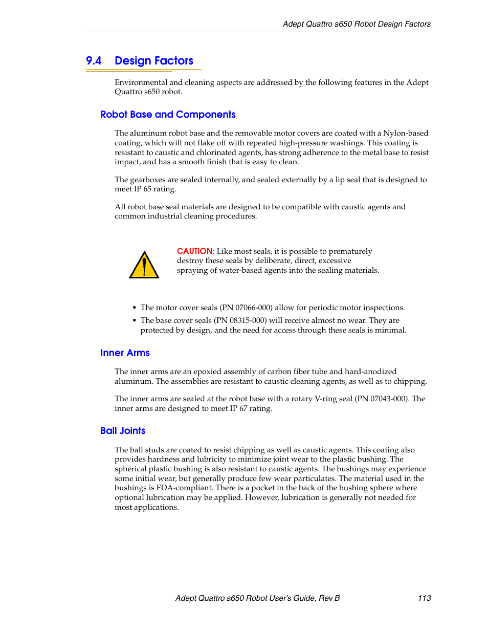 4 design factors, Robot base and components, Inner arms | Ball joints | Adept s650H Quattro User Manual | Page 113 / 128