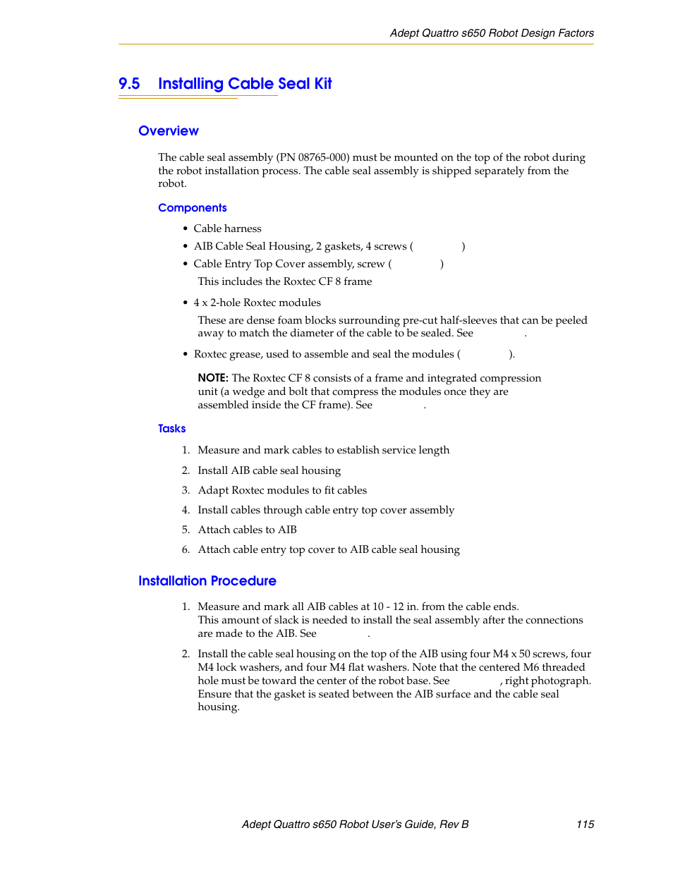 5 installing cable seal kit, Overview, Components | Tasks, Installation procedure | Adept s650H Quattro User Manual | Page 115 / 128