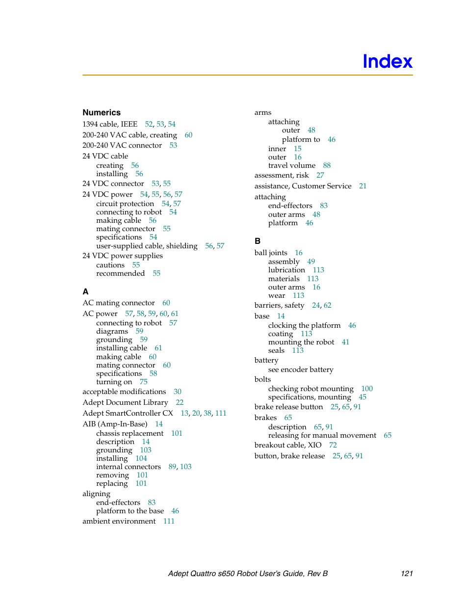 Index | Adept s650H Quattro User Manual | Page 121 / 128