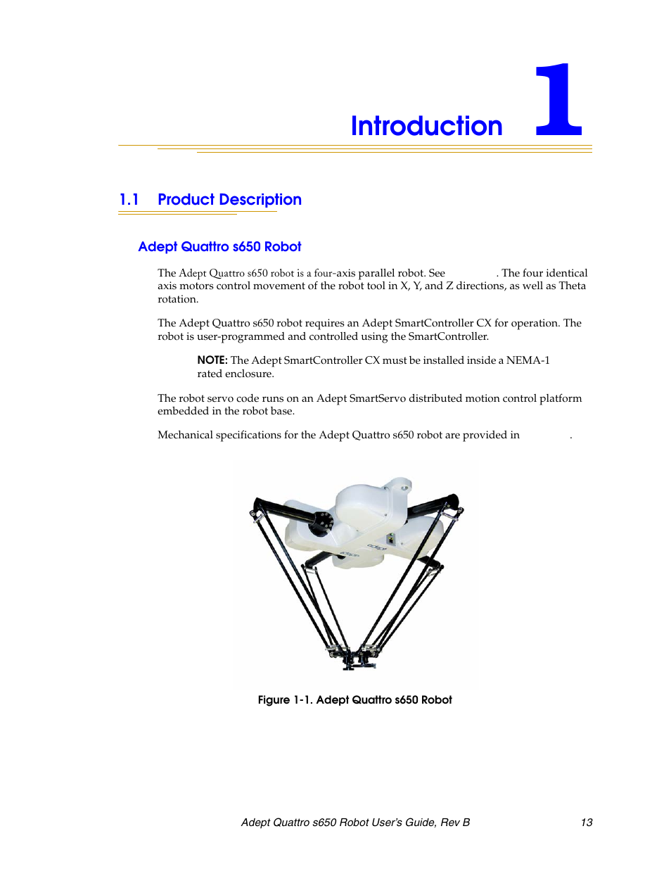 Introduction, 1 product description, Adept quattro s650 robot | Figure 1-1 | Adept s650H Quattro User Manual | Page 13 / 128