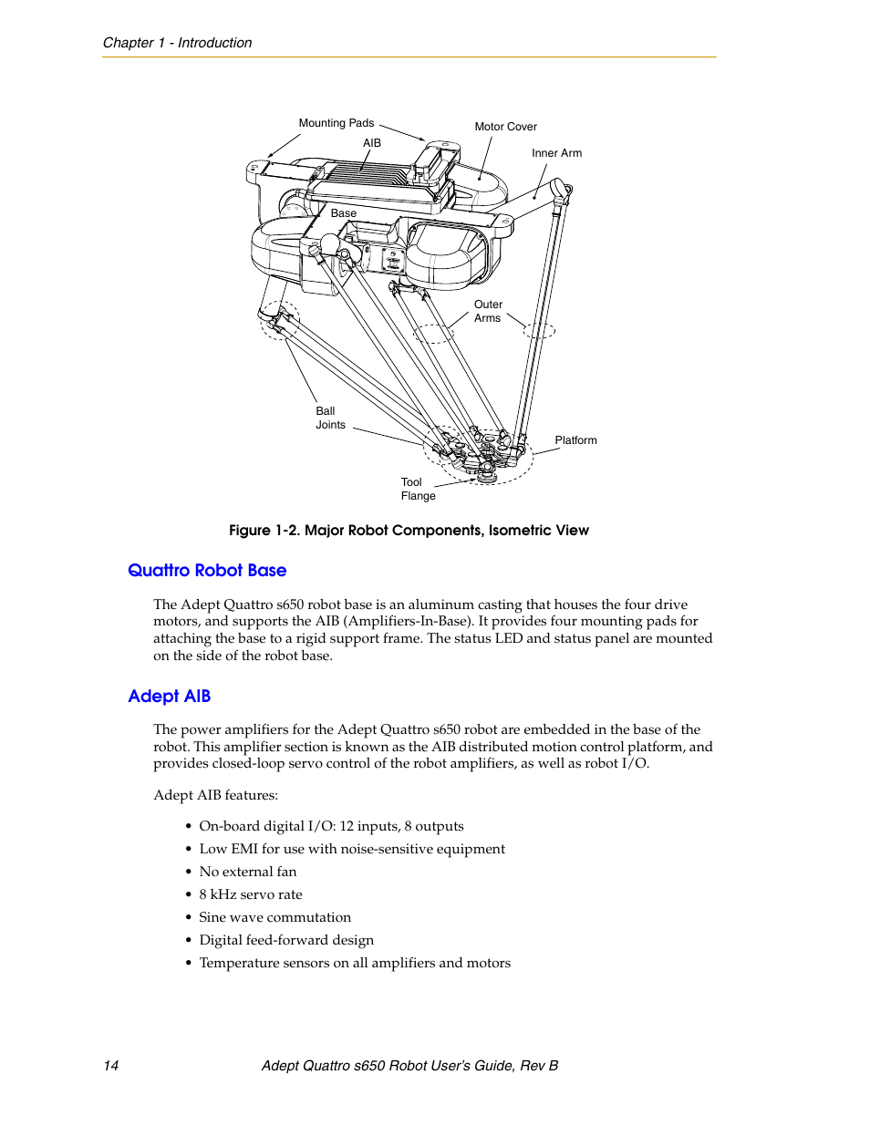 Quattro robot base, Adept aib, Figure 1-2 | Major robot components, isometric view | Adept s650H Quattro User Manual | Page 14 / 128