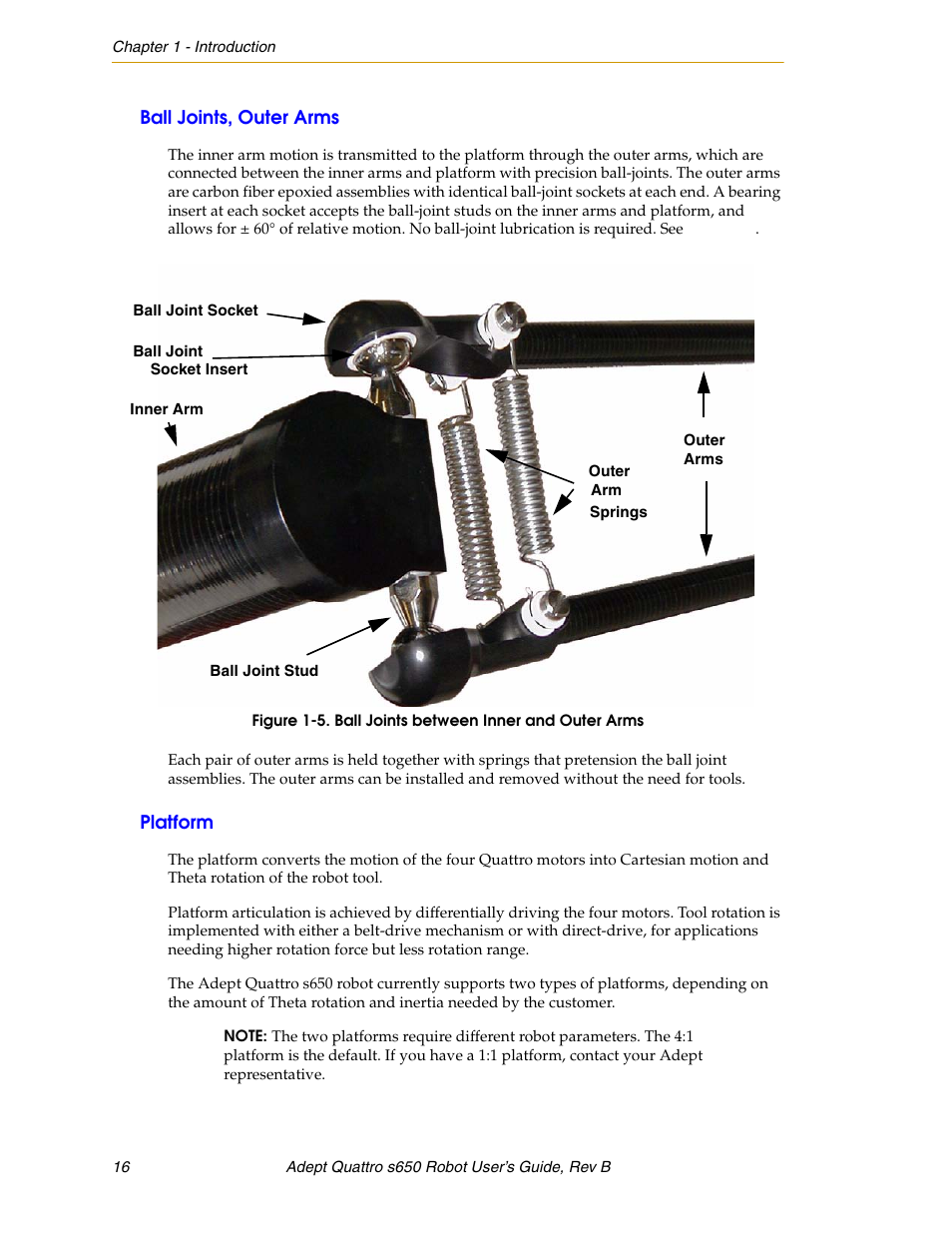 Ball joints, outer arms, Platform, Figure 1-5 | Ball joints between inner and outer arms | Adept s650H Quattro User Manual | Page 16 / 128