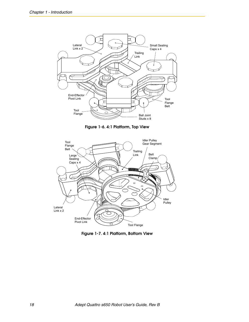 Figure 1-6, 1 platform, top view, Figure 1-7 | 1 platform, bottom view | Adept s650H Quattro User Manual | Page 18 / 128