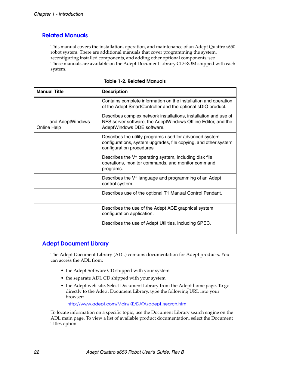 Related manuals, Adept document library | Adept s650H Quattro User Manual | Page 22 / 128