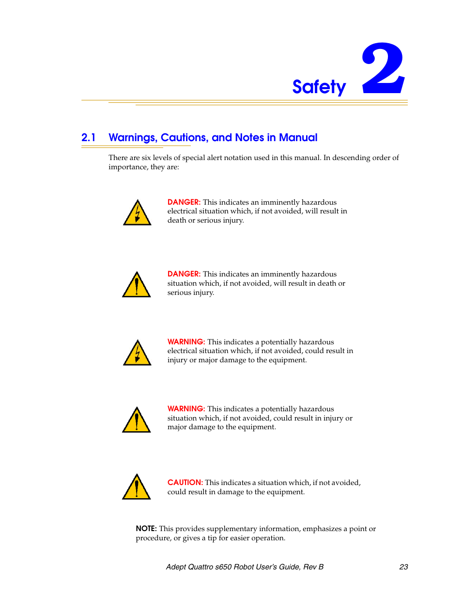 Safety, 1 warnings, cautions, and notes in manual | Adept s650H Quattro User Manual | Page 23 / 128