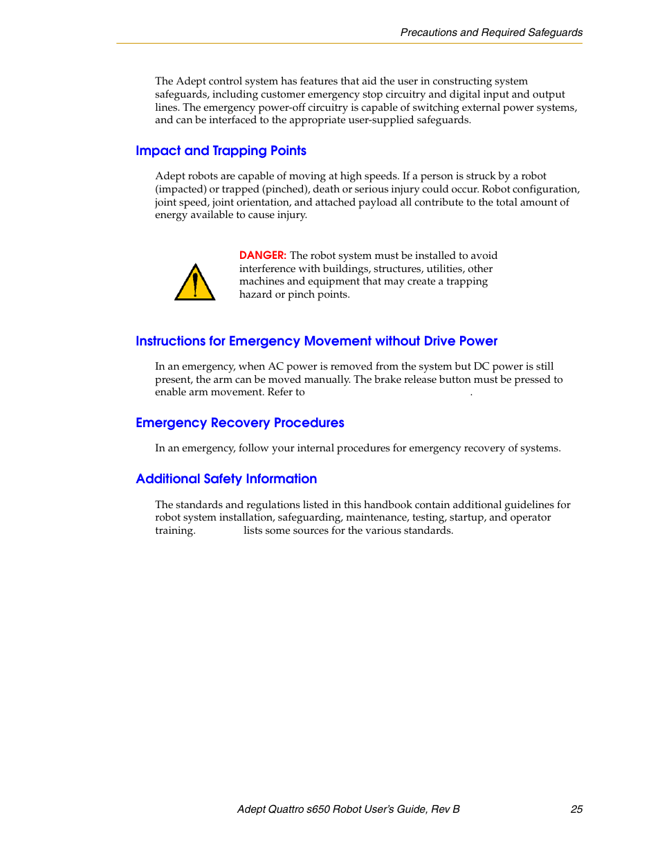 Impact and trapping points, Emergency recovery procedures, Additional safety information | Adept s650H Quattro User Manual | Page 25 / 128