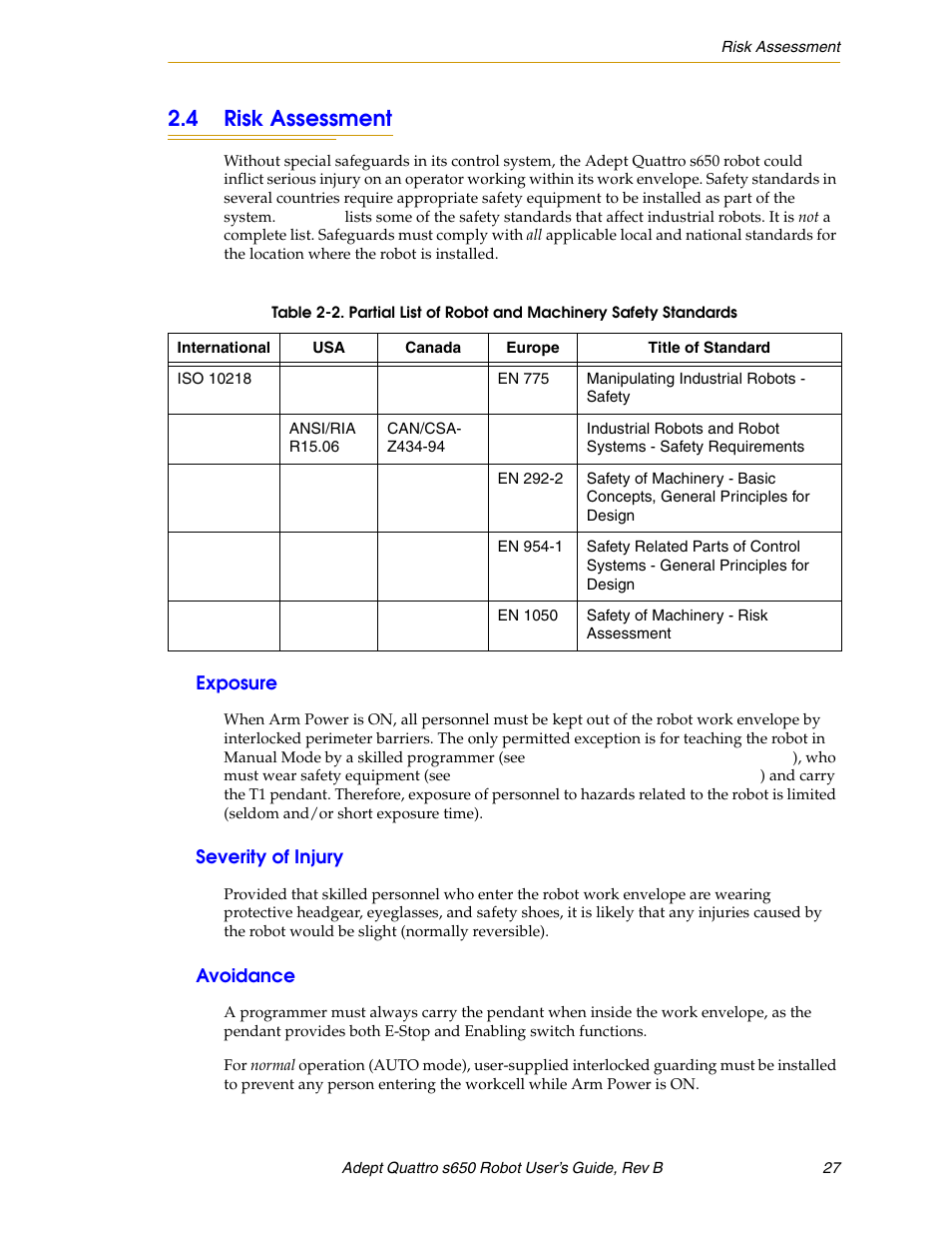 4 risk assessment, Exposure, Severity of injury | Avoidance | Adept s650H Quattro User Manual | Page 27 / 128