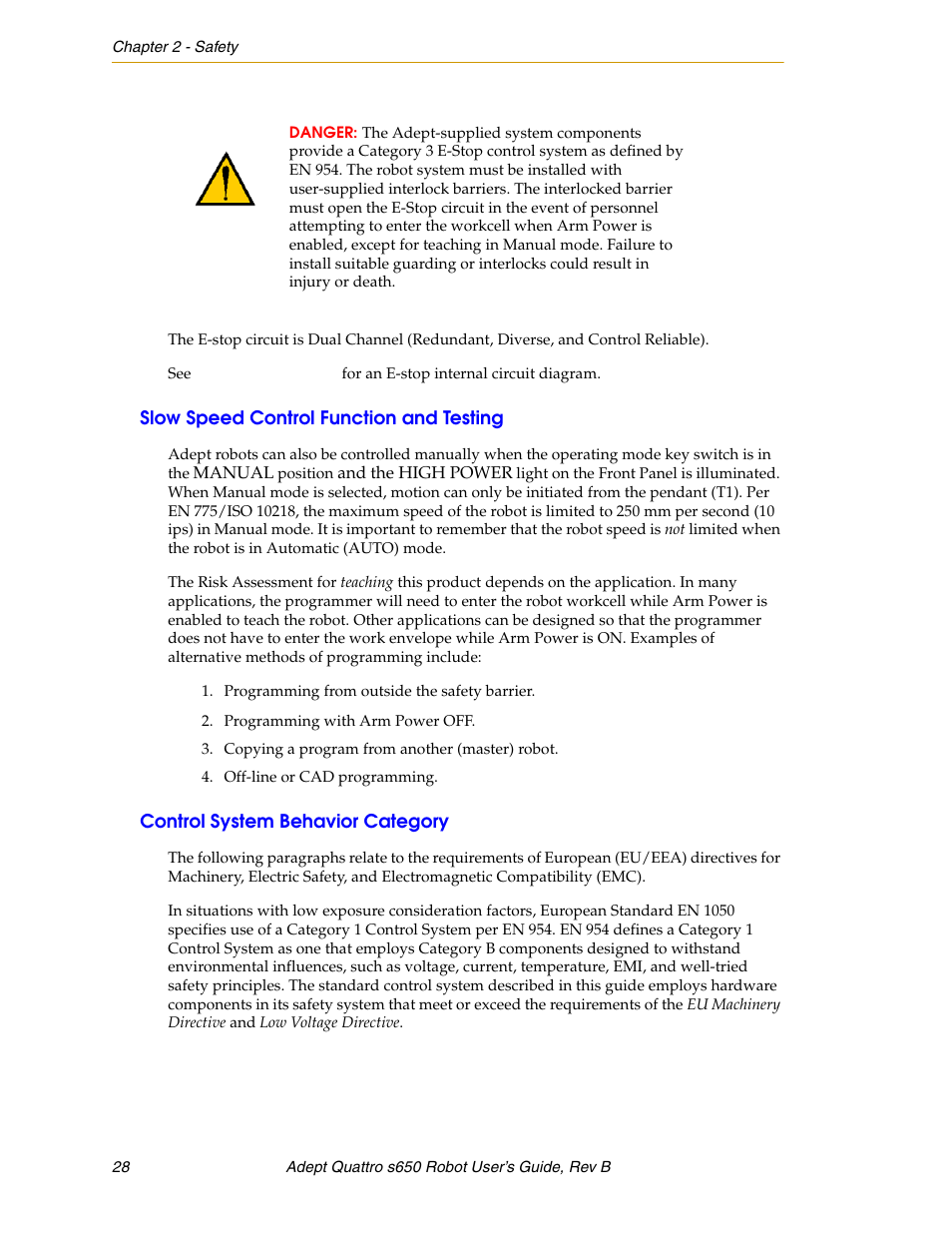 Slow speed control function and testing, Control system behavior category | Adept s650H Quattro User Manual | Page 28 / 128