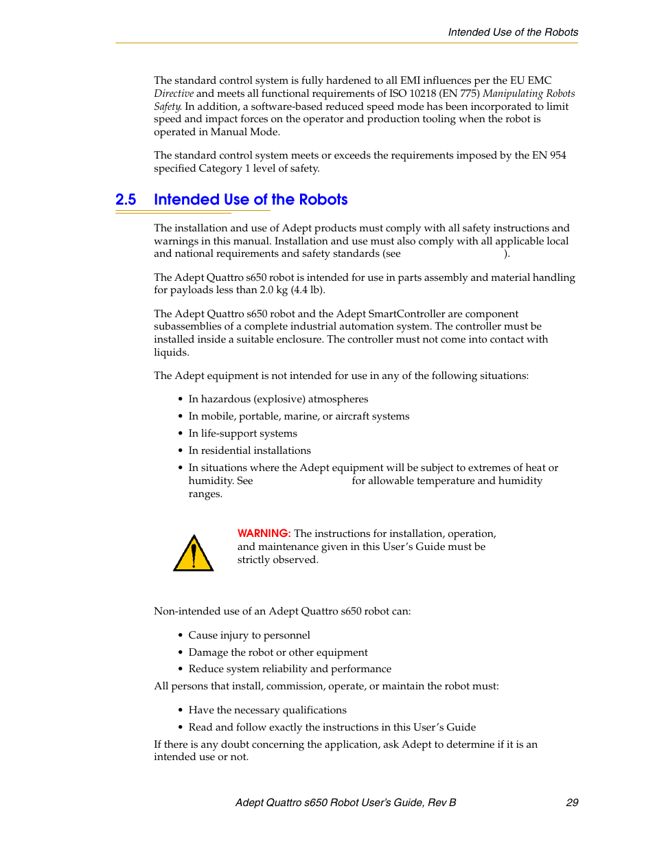 5 intended use of the robots | Adept s650H Quattro User Manual | Page 29 / 128