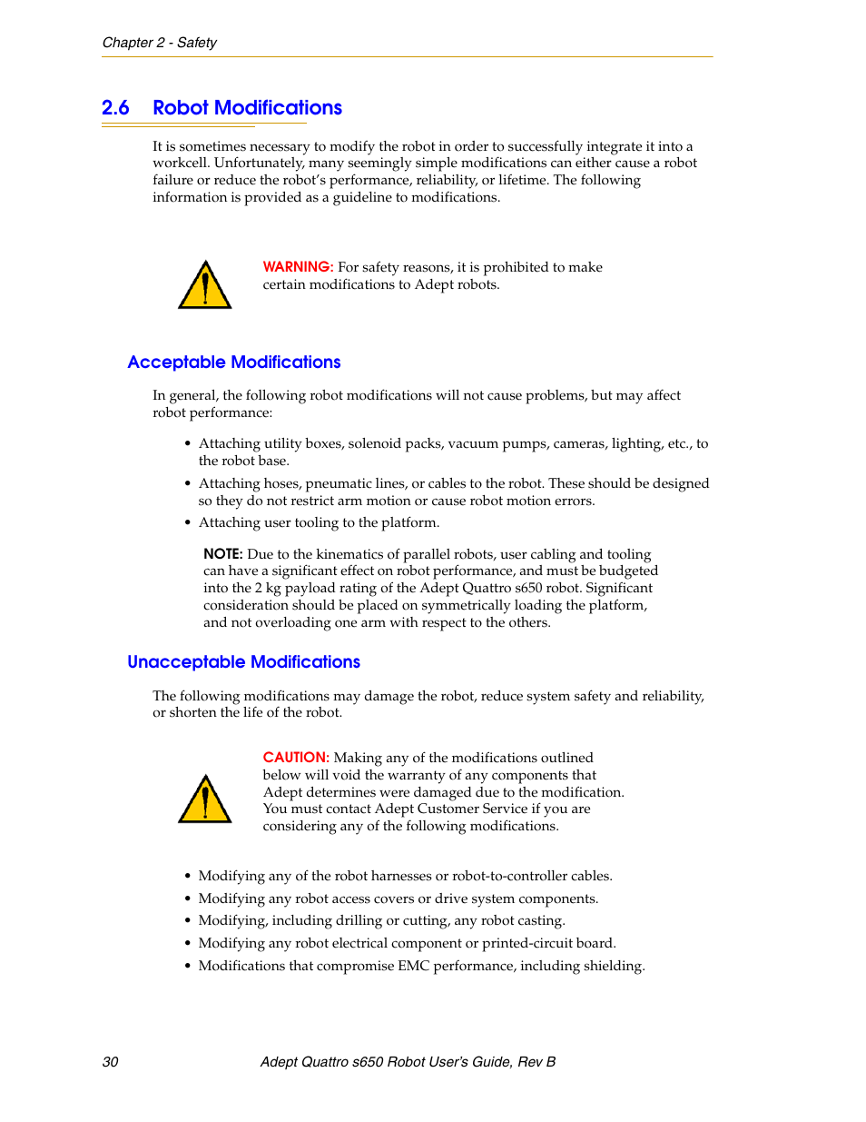 6 robot modifications, Acceptable modifications, Unacceptable modifications | Adept s650H Quattro User Manual | Page 30 / 128