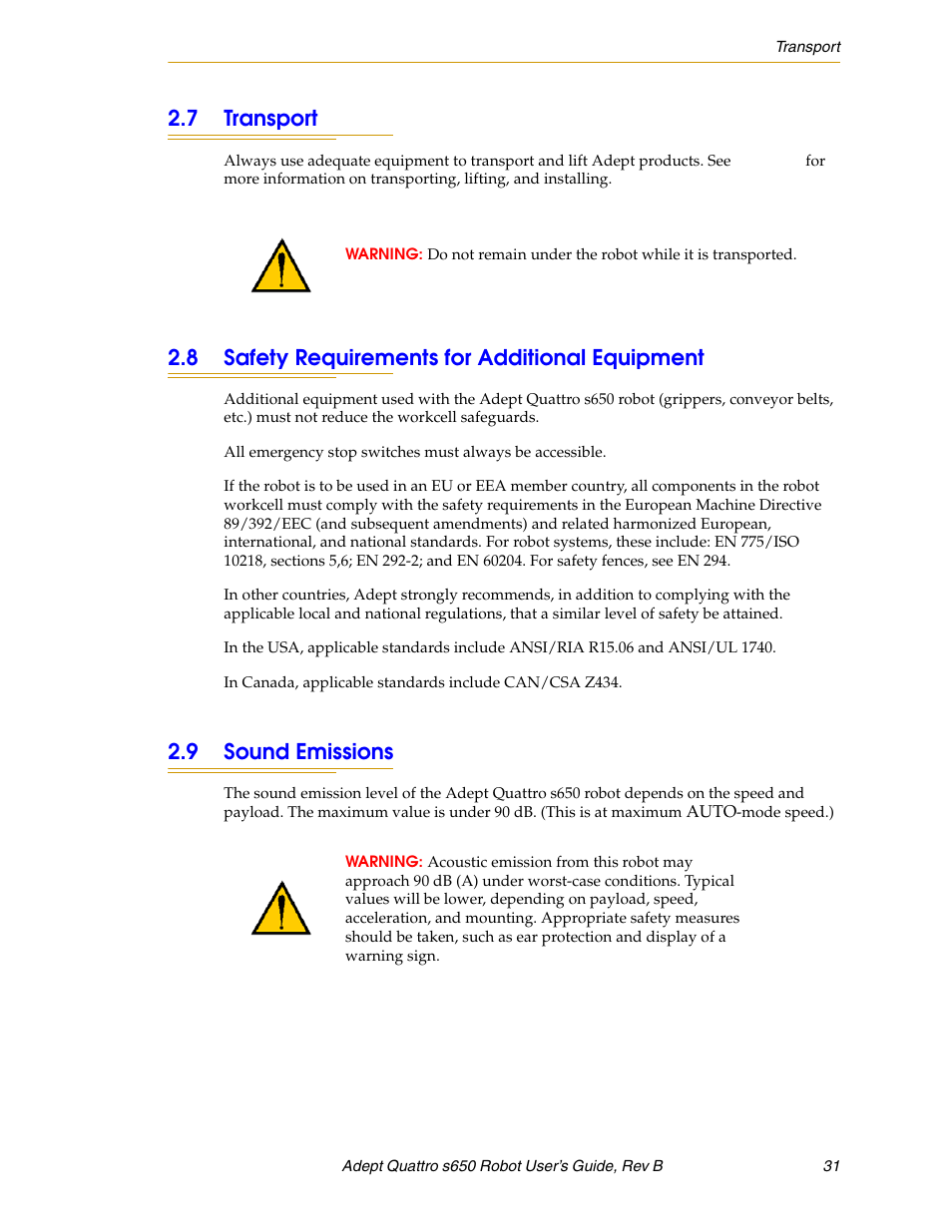 7 transport, 8 safety requirements for additional equipment, 9 sound emissions | Adept s650H Quattro User Manual | Page 31 / 128