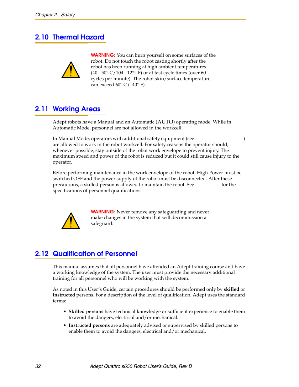 10 thermal hazard, 11 working areas, 12 qualification of personnel | Adept s650H Quattro User Manual | Page 32 / 128