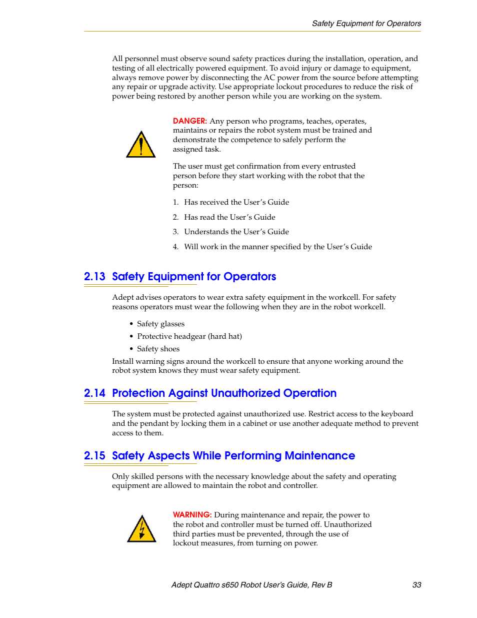 13 safety equipment for operators, 14 protection against unauthorized operation, 15 safety aspects while performing maintenance | Adept s650H Quattro User Manual | Page 33 / 128