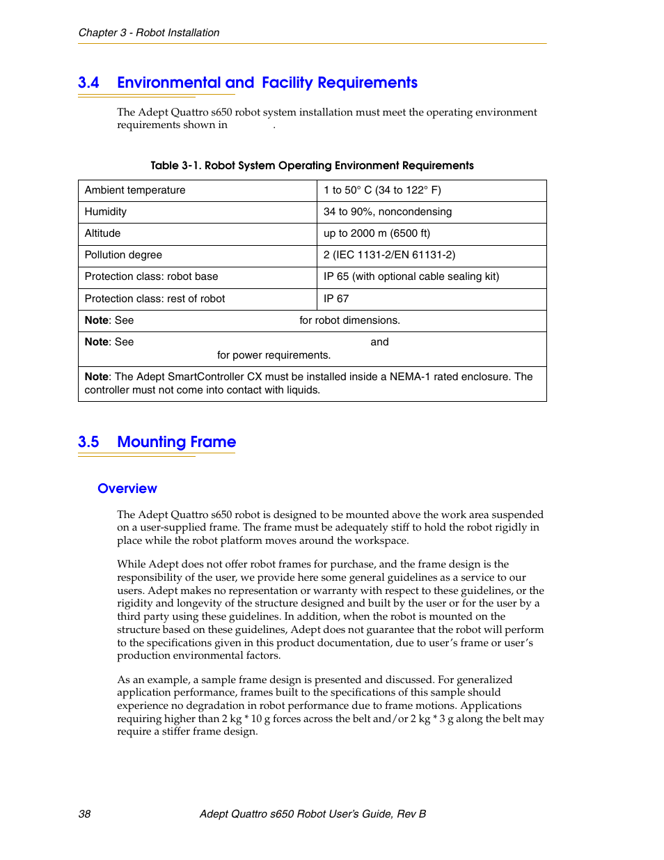 4 environmental and facility requirements, 5 mounting frame, Overview | Adept s650H Quattro User Manual | Page 38 / 128