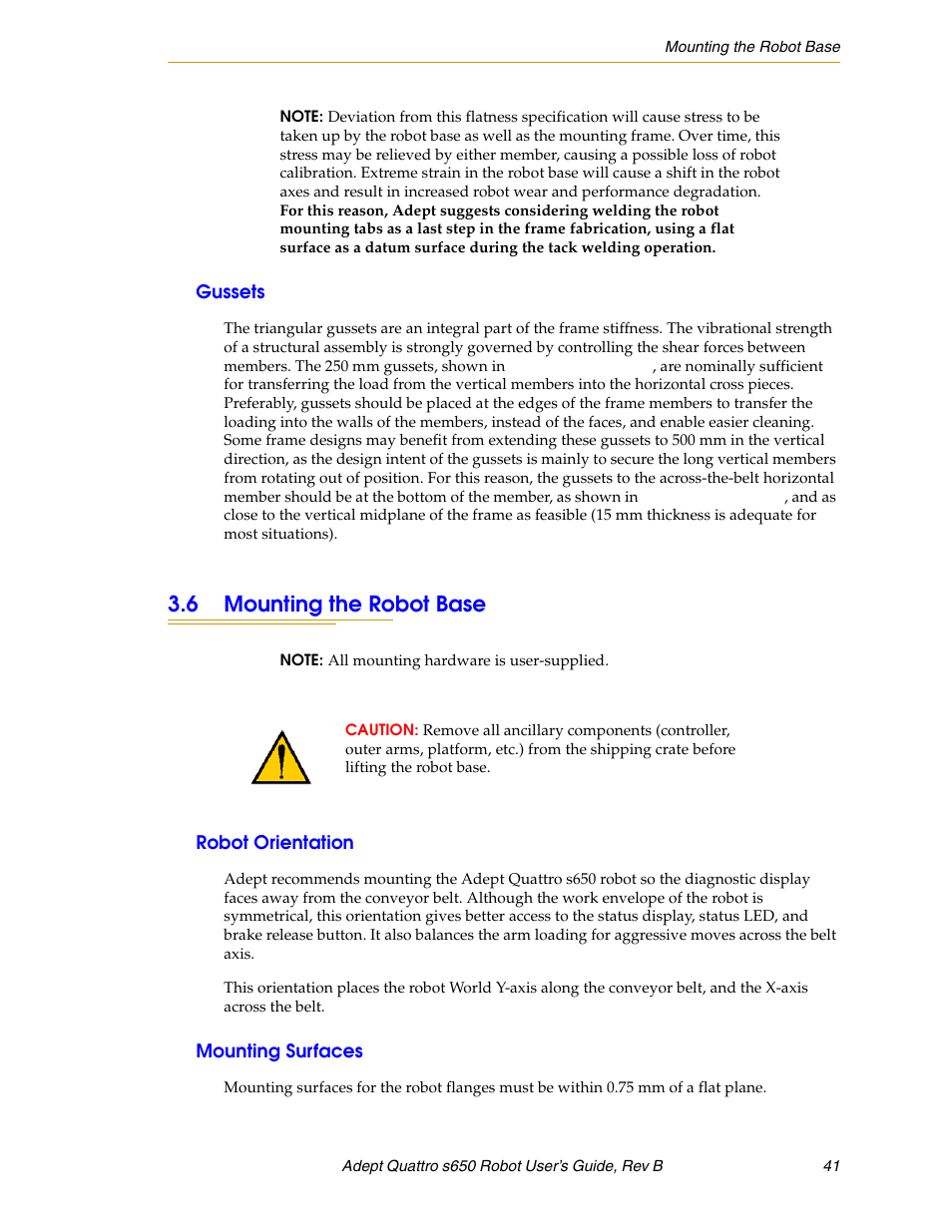 Gussets, 6 mounting the robot base, Robot orientation | Mounting surfaces | Adept s650H Quattro User Manual | Page 41 / 128