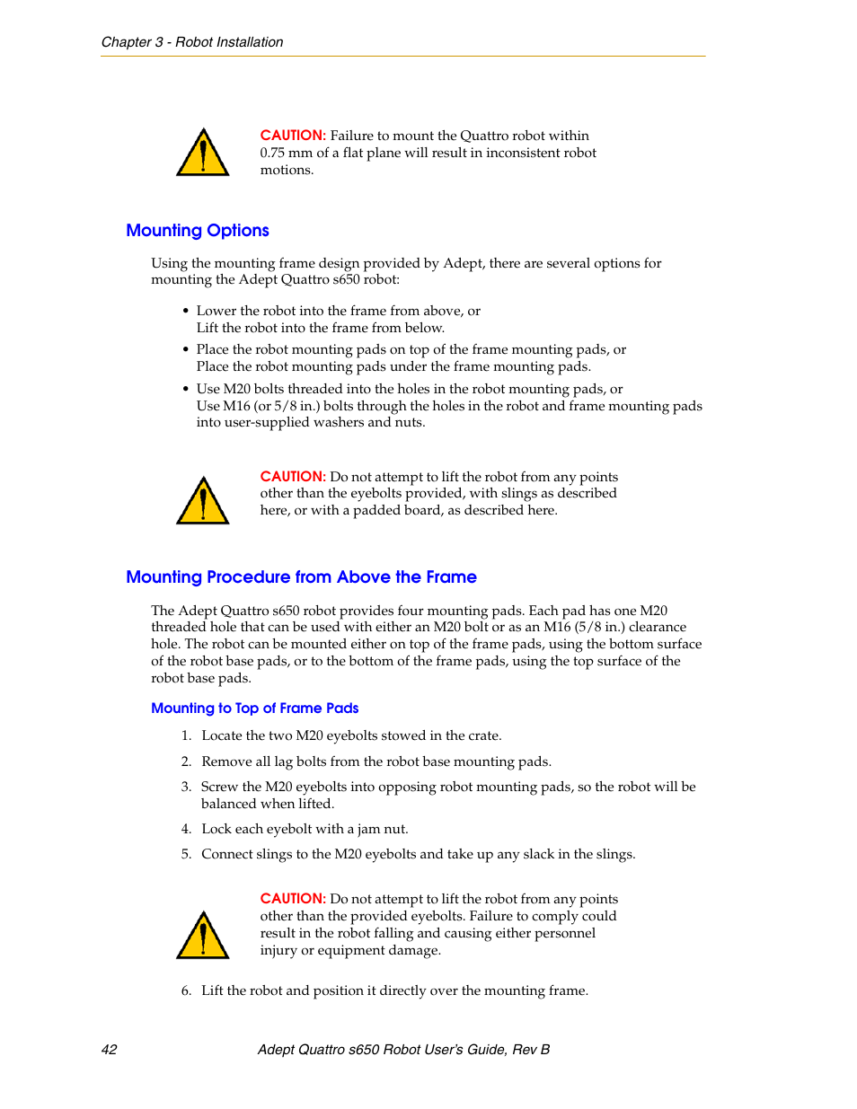 Mounting options, Mounting procedure from above the frame, Mounting to top of frame pads | Adept s650H Quattro User Manual | Page 42 / 128