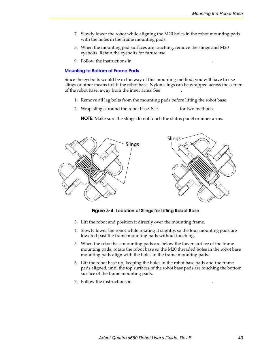 Mounting to bottom of frame pads, Figure 3-4, Location of slings for lifting robot base | Adept s650H Quattro User Manual | Page 43 / 128