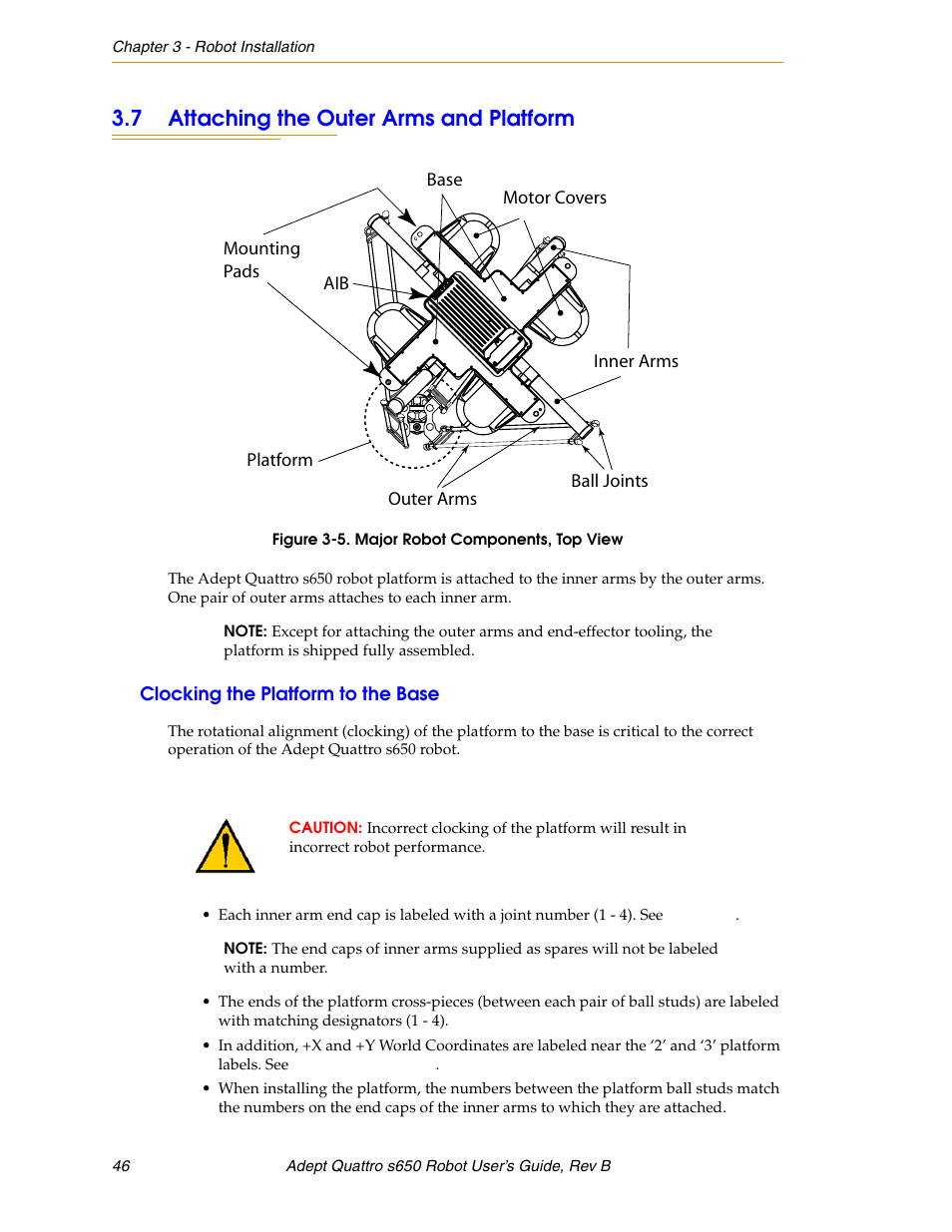 7 attaching the outer arms and platform, Clocking the platform to the base, Figure 3-5 | Major robot components, top view | Adept s650H Quattro User Manual | Page 46 / 128