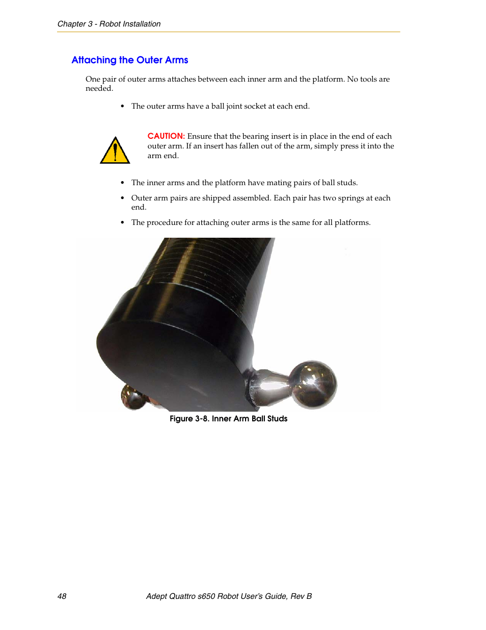 Attaching the outer arms, Figure 3-8, Inner arm ball studs | Adept s650H Quattro User Manual | Page 48 / 128