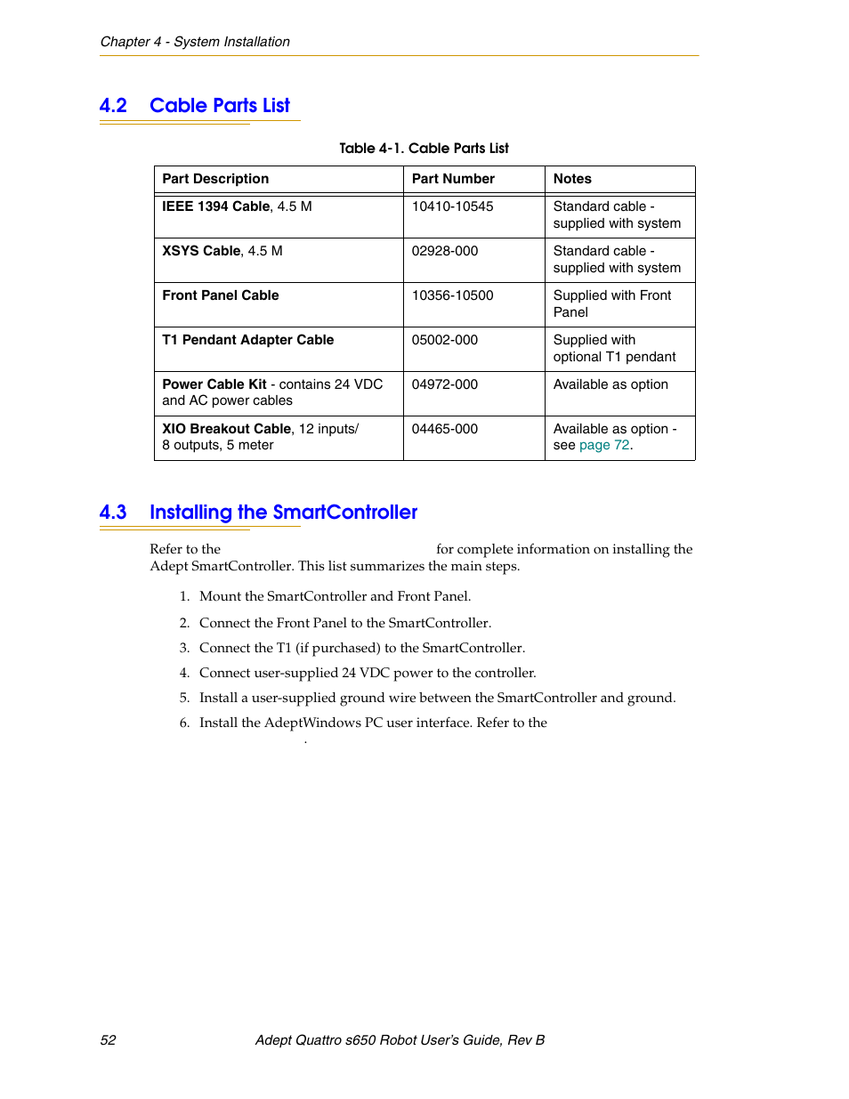 2 cable parts list, 3 installing the smartcontroller | Adept s650H Quattro User Manual | Page 52 / 128