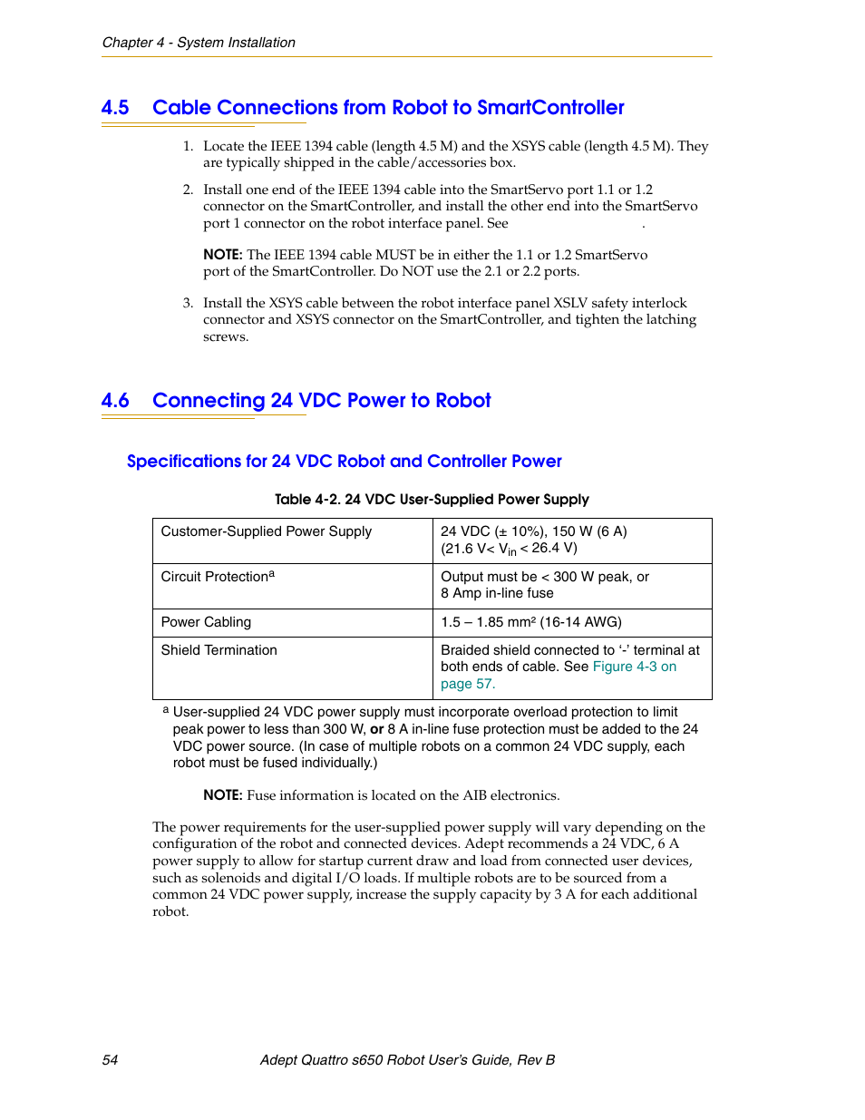 5 cable connections from robot to smartcontroller, 6 connecting 24 vdc power to robot | Adept s650H Quattro User Manual | Page 54 / 128