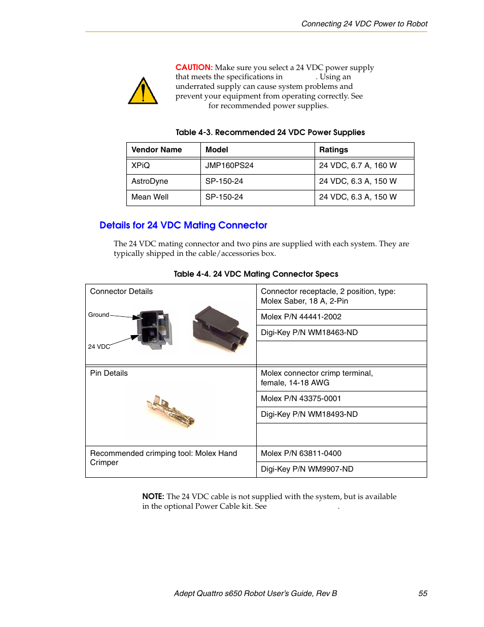 Details for 24 vdc mating connector | Adept s650H Quattro User Manual | Page 55 / 128