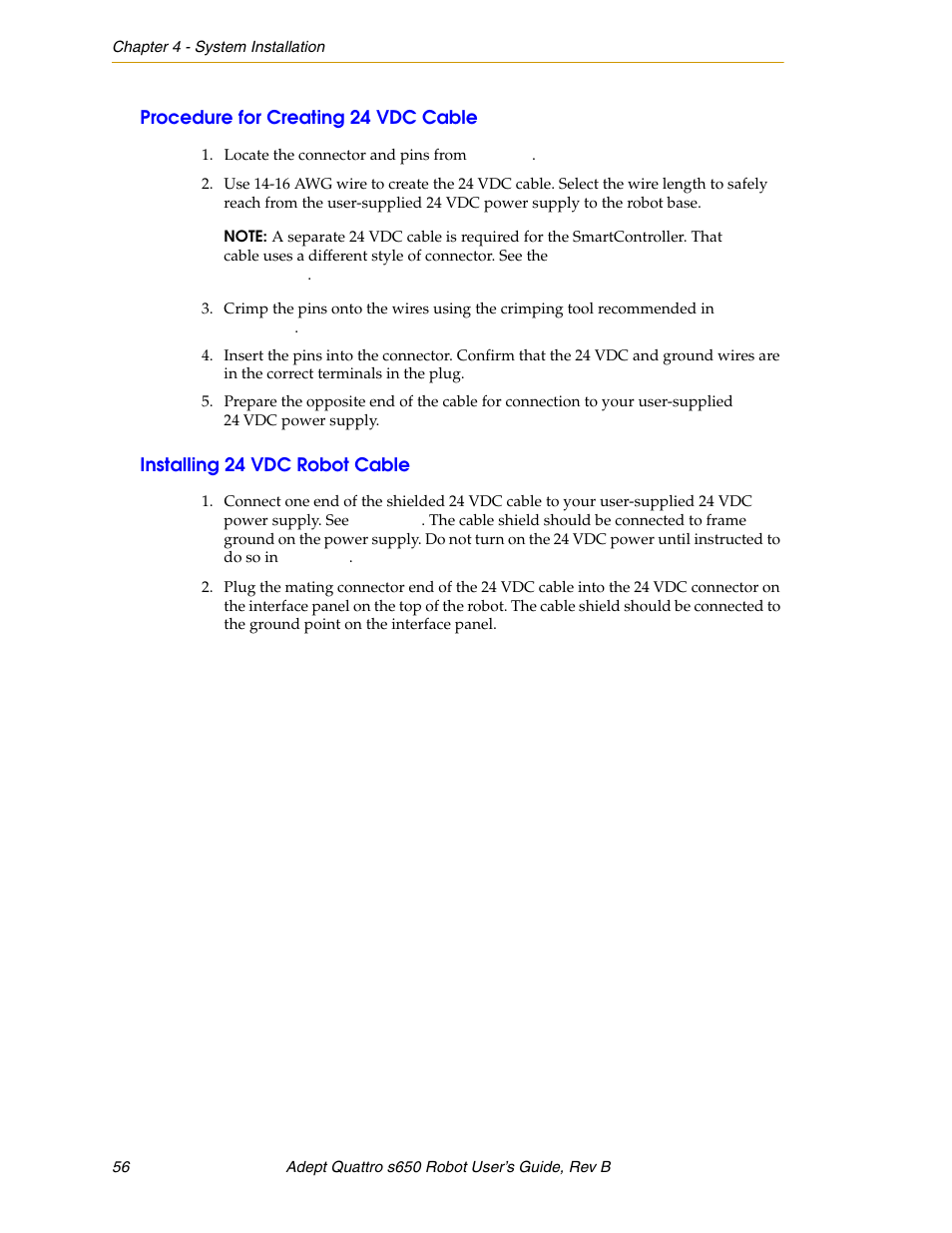 Procedure for creating 24 vdc cable, Installing 24 vdc robot cable | Adept s650H Quattro User Manual | Page 56 / 128