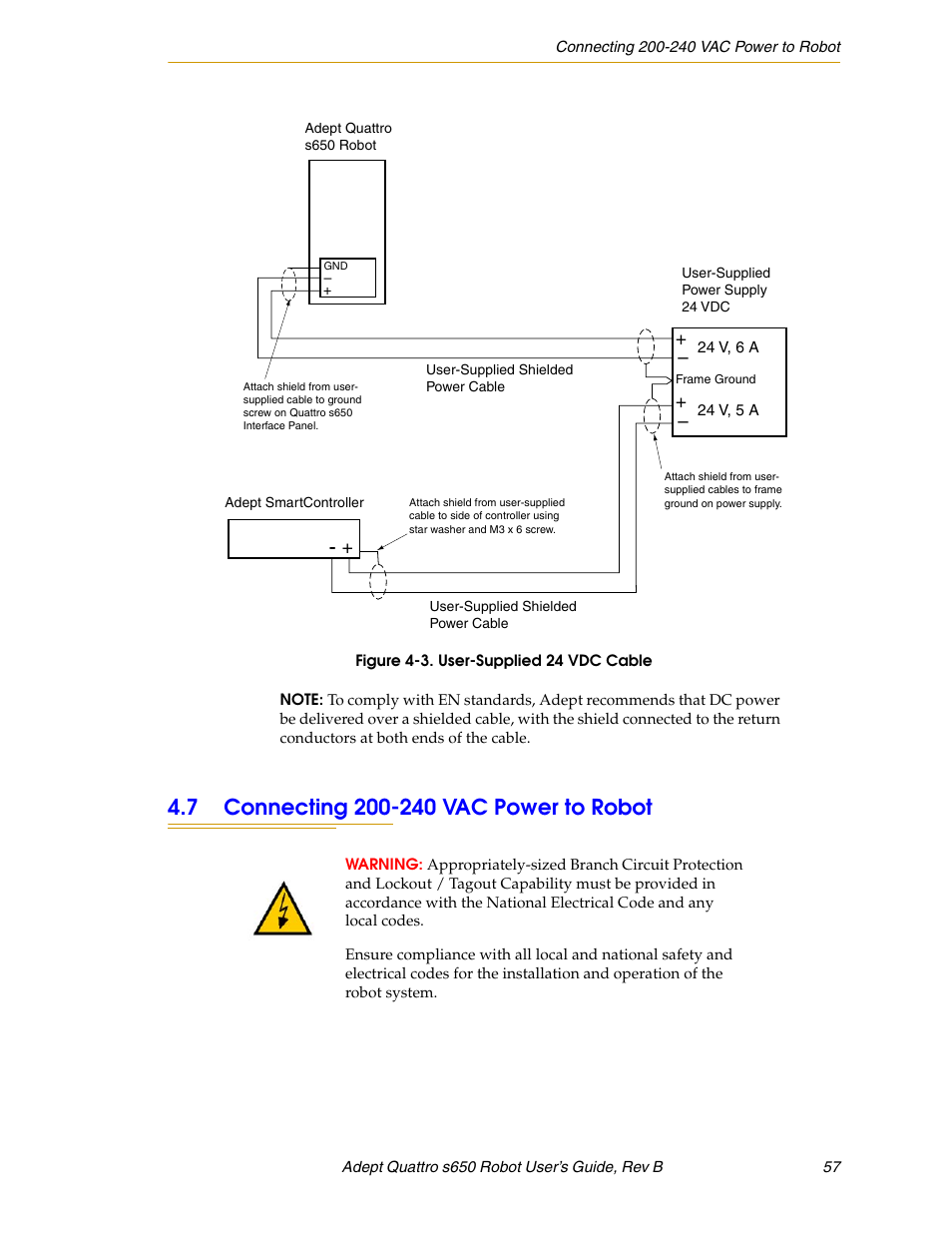 7 connecting 200-240 vac power to robot, Figure 4-3, User-supplied 24 vdc cable | Connecting 200-240 vac | Adept s650H Quattro User Manual | Page 57 / 128