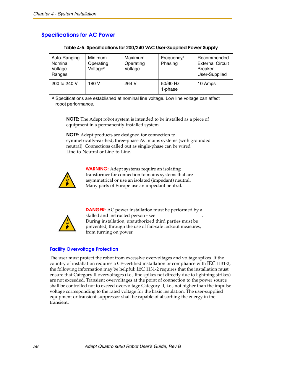 Specifications for ac power, Facility overvoltage protection | Adept s650H Quattro User Manual | Page 58 / 128