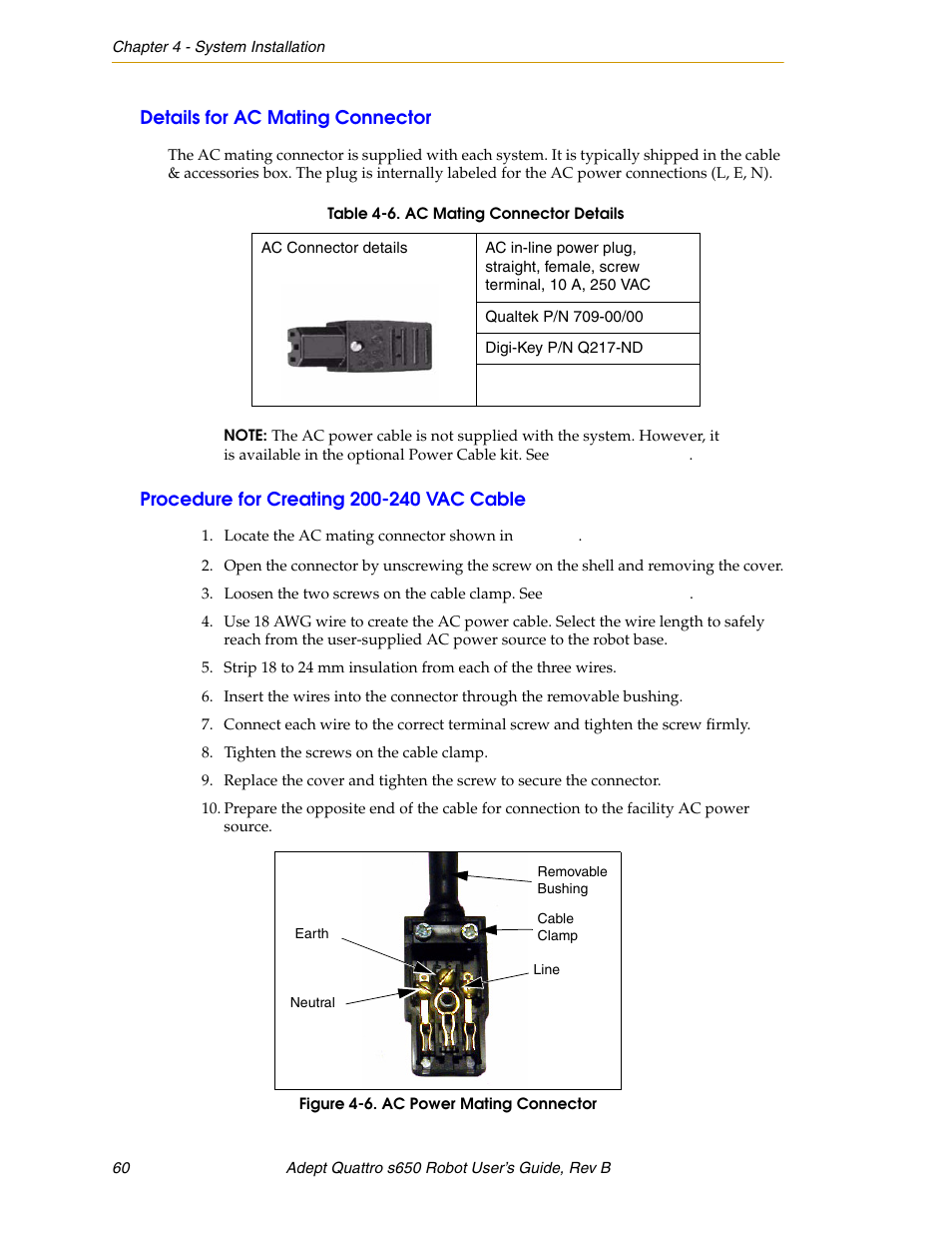 Details for ac mating connector, Procedure for creating 200-240 vac cable, Figure 4-6 | Ac power mating connector | Adept s650H Quattro User Manual | Page 60 / 128