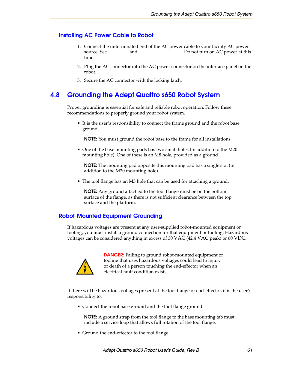 Installing ac power cable to robot, 8 grounding the adept quattro s650 robot system, Robot-mounted equipment grounding | Adept s650H Quattro User Manual | Page 61 / 128