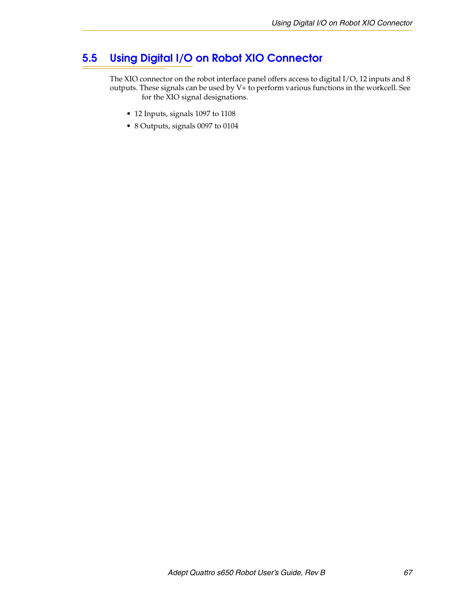 5 using digital i/o on robot xio connector | Adept s650H Quattro User Manual | Page 67 / 128